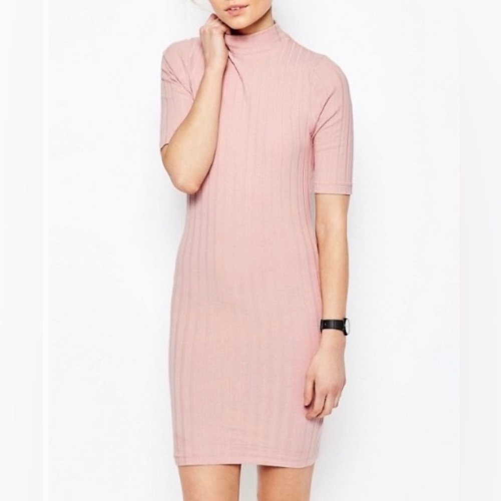 Asos Womens Petite Pink Stretchy Bodycon Dress Mock Neck Short Sleeve US4 NWT